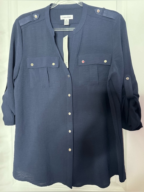 Calvin Klein Tops - Calvin Klein Navy Long-Sleeve Button-Front Utility Blouse size medium